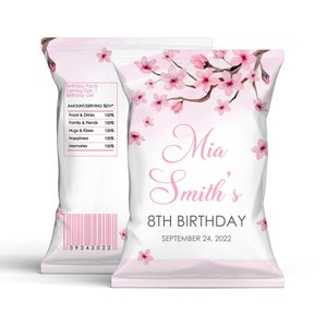 Etichetta modificabile per borsa con chip di fiori di ciliegio STAMPABILE Borsa per chip con fiore rosa Bomboniera fai da te Chip Baby Shower Festa di compleanno Scarica il modello Corjl