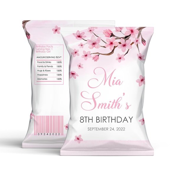 Editable Cherry Blossom Chip Bag Label PRINTABLE Pink Flower Chip Bag Favor DIY Chip Baby Shower Birthday party Corjl Template Download