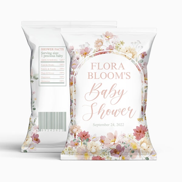 Editable Spring Flowers Chip Bag Label Printable Baby in Bloom Wildflower treat Favor DIY Baby Shower Birthday party Download Corjl Template