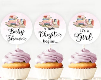 Editable Storybook Cupcake Topper Label New Chapter Pink Baby Shower Girl Birthday Party Favor Tag Digital Download PRINTABLE Corjl Template