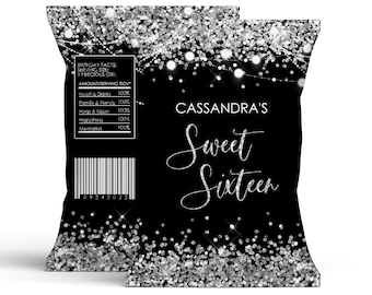 Editable Silver Black Chip Bag Label  PRINTABLE Black Silver Glitter Chip Bag Favor DIY Sweet Sixteen chip bag Birthday party Corjl Template