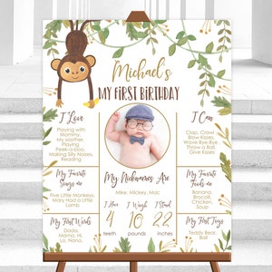 Editable Monkey Birthday Milestones Sign Cheeky Little First Birthday Milestone Sign Board Poster Digital PRINTABLE 16x20 Corjl Template