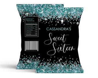 Editable Teal Silver Black Chip Bag Label  printable Glitter Chip Bag Favor DIY Sweet Sixteen Birthday party Digital Download Corjl Template