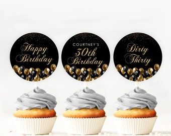 Editable gold black Cupcake Toppers, Balloon Birthday Favor Tags, gold cupcake toppers label, Printable Corjl Template, Digital Download