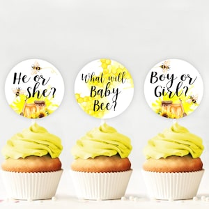 Toppers cupcake rivelano il genere dell'ape, tag favore, rivelazione del genere, tema dell'ape della doccia dell'arredamento della festa, toppers cupcake dell'ape, STAMPABILE, etichetta,