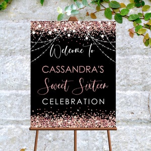 Editable Dulce Dieciséis Signo de Bienvenida Fiesta Oro Rosa Negro Signo de Bienvenida Fiesta de Cumpleaños Signo Decoración Bienvenida Decoración Corjl Plantilla IMPRIMIBLE