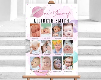 Editable Outer Space Milestone Board Baby's First Year Milestone Poster Planets Pink 1st Birthday Photo Collage Sign Picture Digital Corjl
