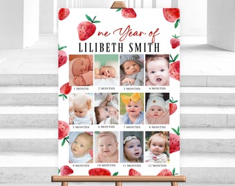 Könnte beinhalten: Ein weißer Poster mit einem roten Erdbeer-Design und dem Text "One Year of Lilibeth Smith". Der Poster zeigt 12 Fotos eines kleinen Mädchens in verschiedenen Altersstufen, von 1 Monat bis 12 Monate.