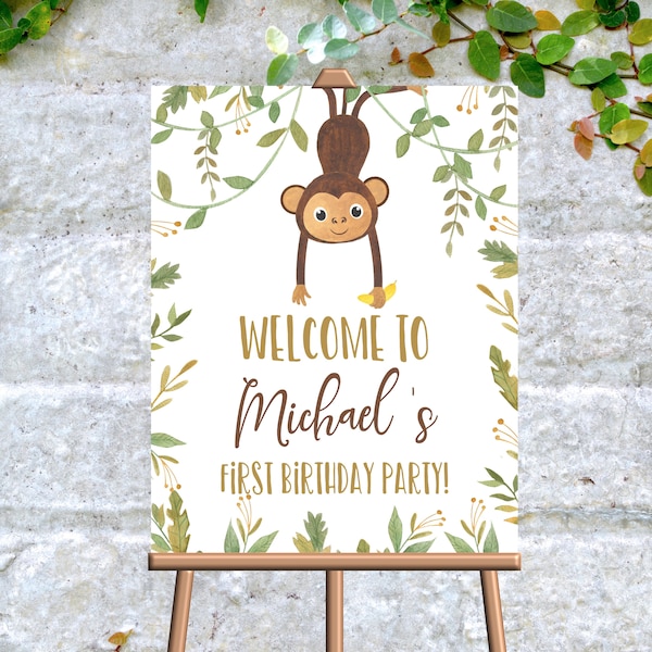 Editable Monkey Welcome Sign Jungle Birthday  Monkey Welcome Birthday Party Sign Corjl template Digital Download PRINTABLE