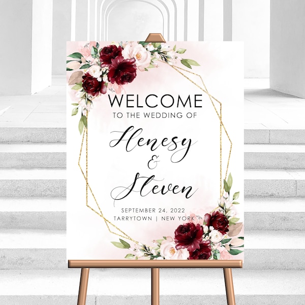 Editable Burgundy Welcome Sign Floral Blush Burgundy Wedding Welcome Sign Decor Display Decoration Digital Download Corjl  Template HENESY