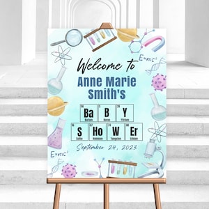 Bewerkbare Science Welcome Sign Party Decoratie Blue Little Scientist Baby Shower Party Sign Digital Download Corjl Template PRINTABLE