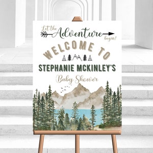 Modificabile Lascia che l'avventura abbia inizio Cartello di benvenuto Foresta Montagna Lago Bosco Baby Shower Cartello di benvenuto Decor Modello Corjl STAMPABILE digitale