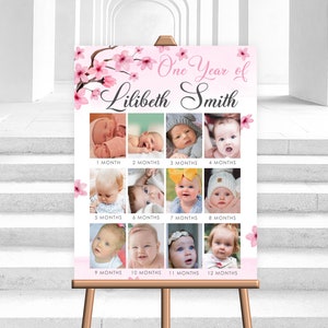 Editable Cherry Blossom Baby's First Year Photo Poster Milestone Pink Girl 1er cumpleaños Photo Collage Sign Year Picture Board Corjl Plantilla