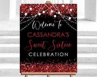 Editable Red Black Welcome Sign Birthday Party Red Glitter Welcome Sign Decor Decoration Welcome Sign Party Corjl Template PRINTABLE