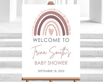 Puede incluir: Bienvenido a la Baby Shower de Trina Smith con un arcoíris rosa y marrón con hojas y un corazón. La fecha es el 18 de septiembre de 2023.