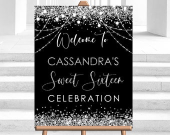 Editable Black Silver Welcome Sign Birthday Party Silver Glitter Welcome Sign Decor Decoration Welcome Sign Party Corjl Template PRINTABLE