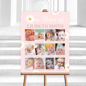 Bearbeitbare Daisy Baby Erstes Jahr Foto Poster Meilenstein Daisy Boho 1. Geburtstag Foto Collage Zeichen Jahr Bild Bord Digital Corjl Vorlage