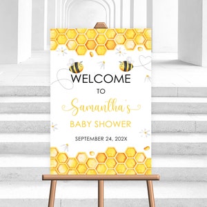 Editable Bee Welcome Sign Honeycomb Daisy Baby Shower Bienvenido Sign Birthday Party Yellow Gender Neutral Corjl template Digital PRINTABLE