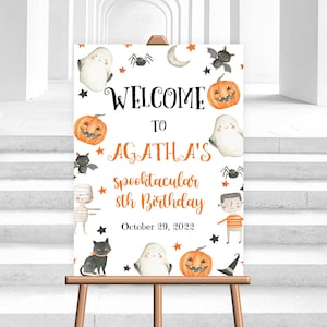 Editable Halloween Welcome Sign Orange fall birthday party Sign Decor Ghost Cat Witch Theme Digital Download Printable  Corjl template