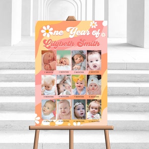 Editable Groovy Baby First Year Photo Poster Milestone Daisy Boho 1st Birthday Photo Collage Sign Year Picture Board Digital Corjl Template