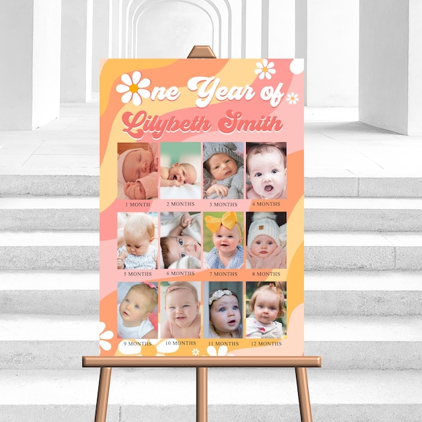 Editable Groovy Baby First Year Photo Poster Milestone Daisy Boho 1st Birthday Photo Collage Sign Year Picture Board Digital Corjl Template