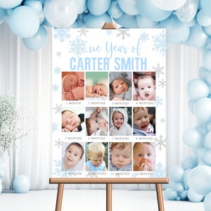 Bewerkbare blauw zilveren sneeuwvlokken Baby eerste jaar fotocollage mijlpaal 1e verjaardag Poster teken jaar foto Board digitale Corjl sjabloon
