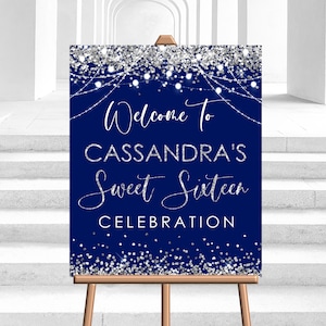 Editable Blue Silver Welcome Sign Birthday Party Silver Glitter Welcome Sign Decor Decoration Sweet Sixteen Corjl Template Digital PRINTABLE