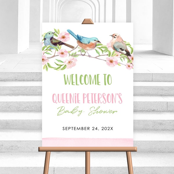 Editable Birds Welcome Sign Birdie Baby Shower Welcome Sign Decor Birthday Party Decoration Pink Corjl template Digital Download PRINTABLE