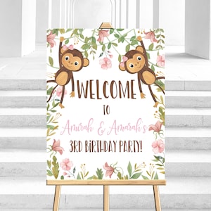 Editable Twin Girl Monkey Welcome Sign Jungle Birthday  Monkey Welcome Birthday Party Sign Corjl template Digital Download PRINTABLE