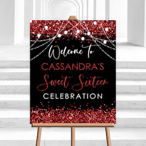 Editable Red Black Welcome Sign Birthday Party Red Glitter Welcome Sign Decor Decoration Welcome Sign Party Corjl Template PRINTABLE