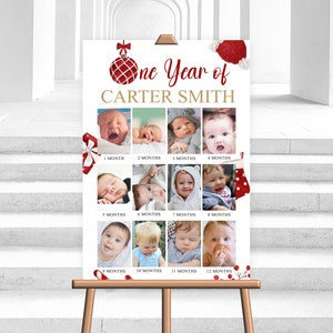 Bewerkbare kerst baby eerste jaar fotocollage rode mijlpaal genderneutrale 1e verjaardag poster teken fotobord digitale Corjl-sjabloon