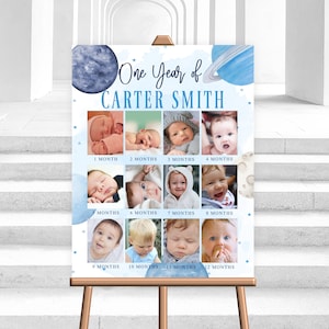 Editable Blue Outer Space Baby's First Year Poster Milestone Galaxy Planet 1st Birthday Photo Collage Sign Year Picture Board Digital Corjl