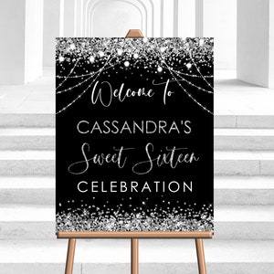 Editable Black Silver Welcome Sign Birthday Party Silver Glitter Welcome Sign Decor Decoration Welcome Sign Party Corjl Template PRINTABLE