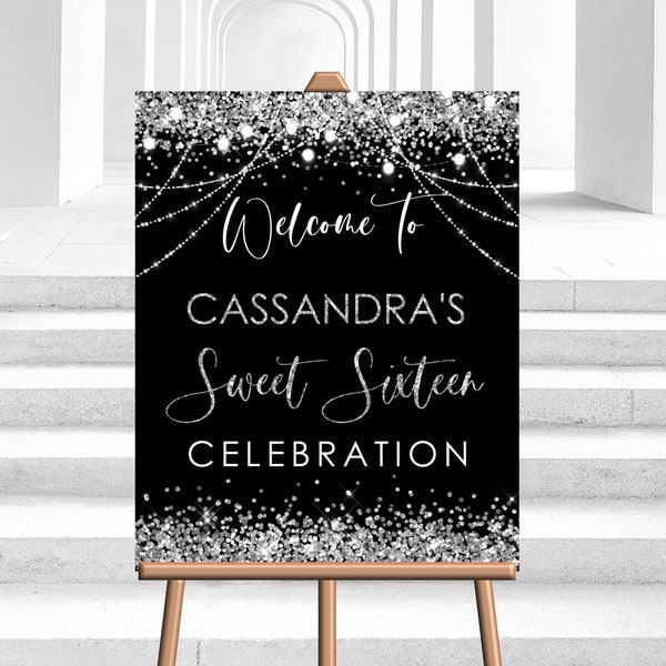 Editable Black Silver Welcome Sign Birthday Party Silver Glitter Welcome Sign Decor Decoration Welcome Sign Party Corjl Template PRINTABLE