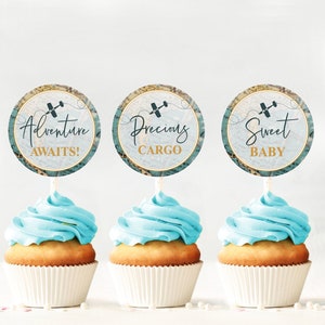 Viaggio Cupcake Toppers favore Tag Baby Shower Party Decor Doccia Viaggio Scarica digitale, toppers cupcake, STAMPABILE, dolce avventura attende