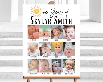 Może przedstawiać: Biały plakat z żółtym słonecznym wzorem i tekstem "One Year of Skylar Smith". Plakat zawiera 12 zdjęć dziecka w różnym wieku, od 1 miesiąca do 12 miesięcy.