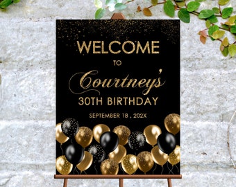 Editable Black Gold Welcome Sign Birthday Party Gold Balloons Welcome Sign Decor Decoration Welcome Sign Party Corjl Template PRINTABLE