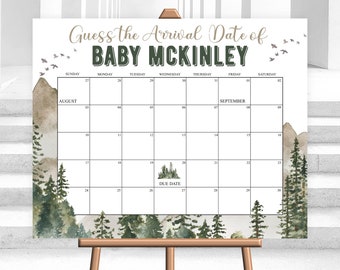 Gioco del calendario delle date di scadenza per il baby shower nella foresta (modello digitale modificabile Corjl)