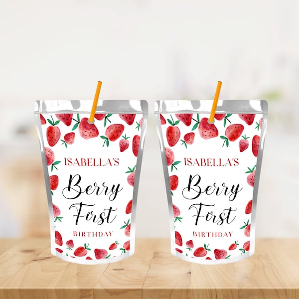 Editable Strawberry Capri Sun Label Juice Pouch Label Birthday Juice Pack Label Berry First Birthday Digital PRINTABLE Corjl Template