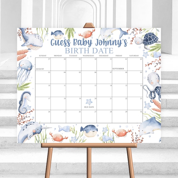 Editable Baby Due Date Calendar Game Blue Boy Under the Sea Baby Shower Game Due Date Guessing Game Digital Corjl Template PRINTABLE