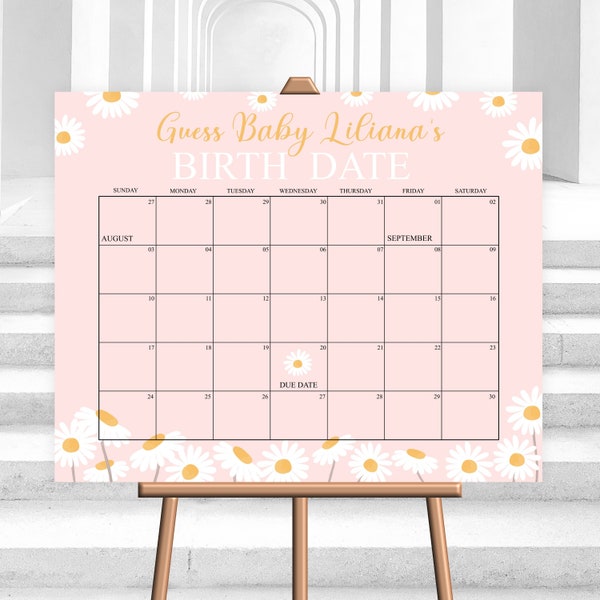 Editable Daisy Baby Due Date Calendar Game  Guess Baby's Birth Date Baby Shower Game Due Date Guessing Game Digital Corjl Template PRINTABLE