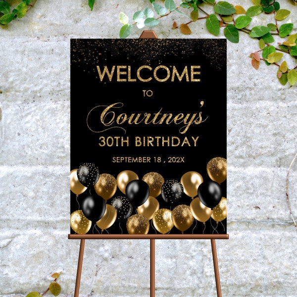 Panneau de bienvenue en or noir modifiable pour fête d'anniversaire ballons en or panneau de bienvenue déco décoration panneau de bienvenue fête modèle Corjl imprimable