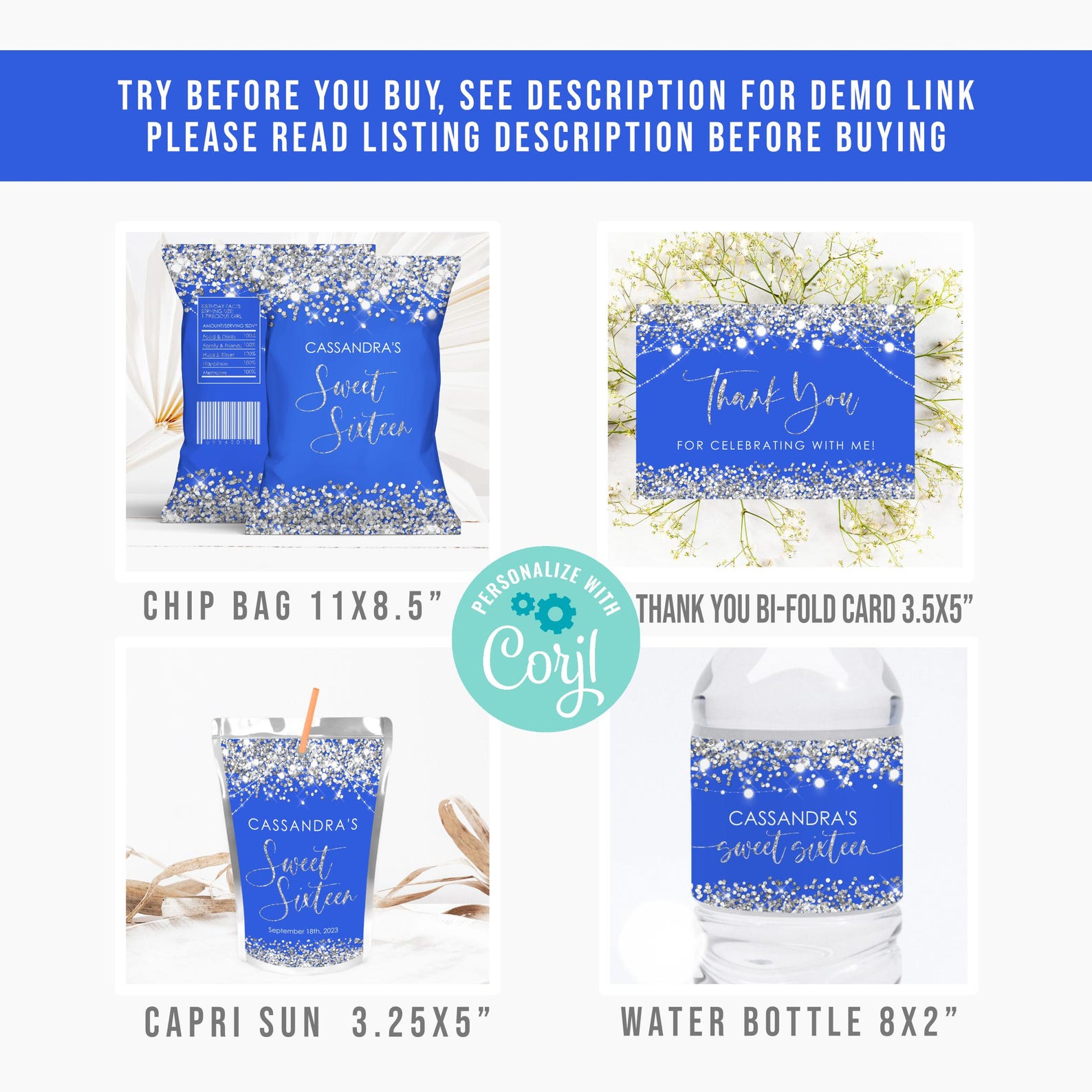 Editable Royal Blue Silver Birthday Invitation Bundle Glitter Sweet 16 ...