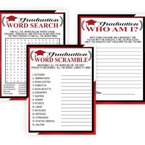 Puede incluir: Tres tarjetas de juego de fiesta de graduaci&oacute;n imprimibles con bordes rojos y negros. La primera tarjeta es un juego de b&uacute;squeda de palabras con el t&iacute;tulo "Graduation Word Search". La segunda tarjeta es un juego de palabras revueltas con el t&iacute;tulo "Graduation Word Scramble". La tercera tarjeta es un juego de "&iquest;Qui&eacute;n soy yo?" con el t&iacute;tulo "Graduation Who Am I?"