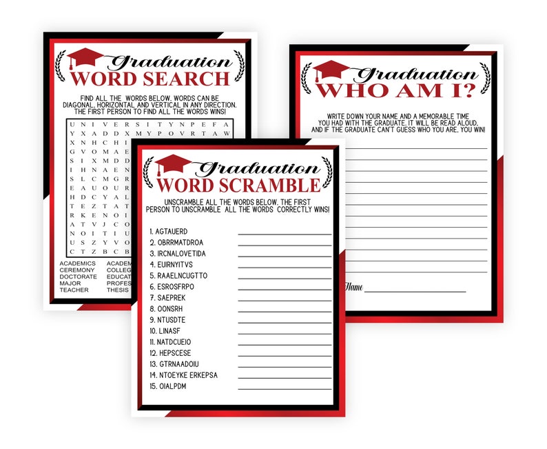 Puede incluir: Tres tarjetas de juego de fiesta de graduaci&oacute;n imprimibles con bordes rojos y negros. La primera tarjeta es un juego de b&uacute;squeda de palabras con el t&iacute;tulo "Graduation Word Search". La segunda tarjeta es un juego de palabras revueltas con el t&iacute;tulo "Graduation Word Scramble". La tercera tarjeta es un juego de "&iquest;Qui&eacute;n soy yo?" con el t&iacute;tulo "Graduation Who Am I?"