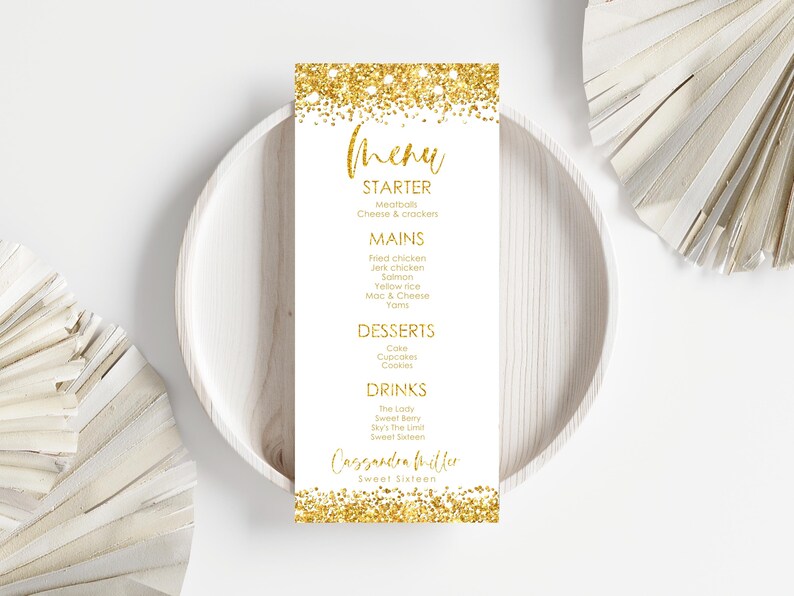 White Menu Card Design White and Gold Glitter Menu Card: Editable Party Template (digital ...