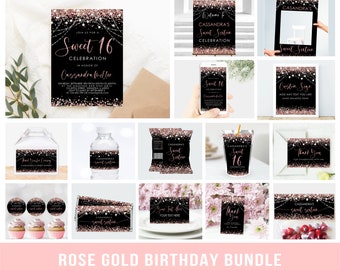 Editable Rose Gold Birthday Party Bundle Black Background Corjl Template Digital Download 16th Birthday  Invitation party Package