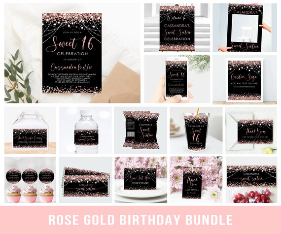 Editable Rose Gold Birthday Party Bundle Black Background Corjl Template Digital Download 16th Birthday  Invitation party Package