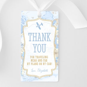 Bearbeitbare Reise Dankeschön Tag Blau Babyparty Danke Favor Tag Flugzeug Weltkarte Abenteuer Geschenkanhänger Digitale Corjl Vorlage zum Ausdrucken
