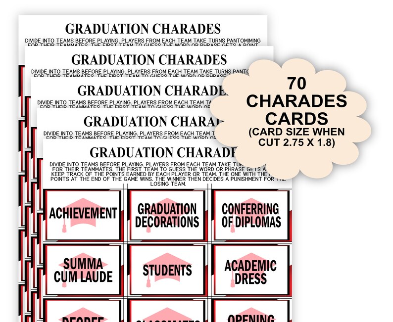 Puede incluir: 70 tarjetas de charadas de graduaci&oacute;n imprimibles. Las tarjetas son rojas y negras con texto rosa. Las tarjetas est&aacute;n dise&ntilde;adas para ser cortadas a 7 cm por 4,5 cm.